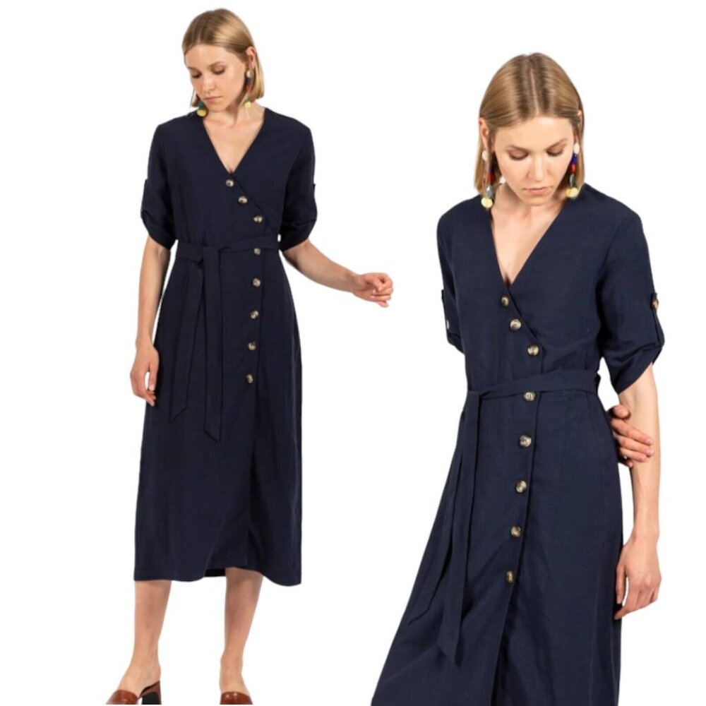 Chelsea Theodore Shirt Maxi Dress Large Navy blue Button-Front Short Sleeve Belt